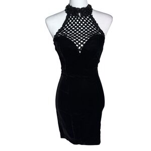 CLIMAX Women 6 Vintage 90's Karen Okada Black Velvet Sequin Cut Out Halter Dress